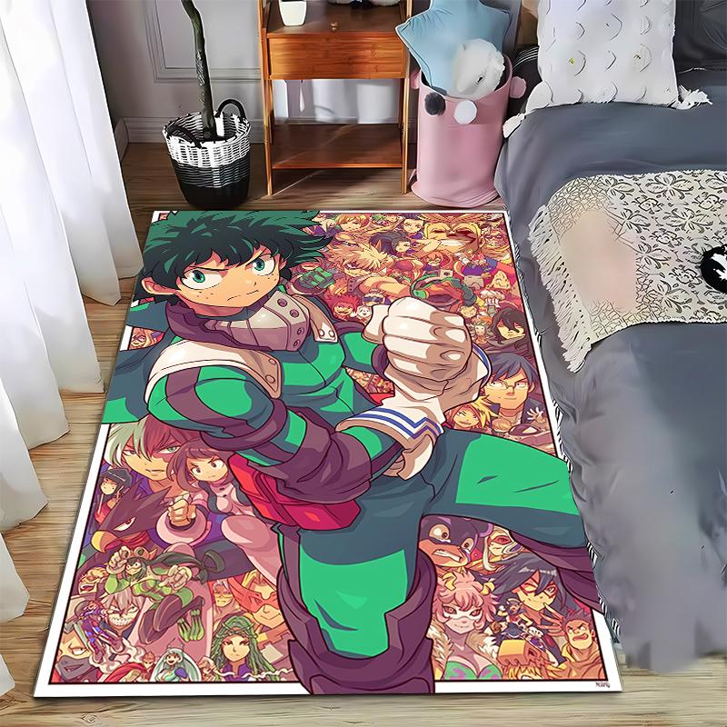 Modern Bold Graphic Illustration My Hero Academia Deku Hero Collage Anime Fan Art Green soft area floor mat ideal for kids playroom nursery bedroom