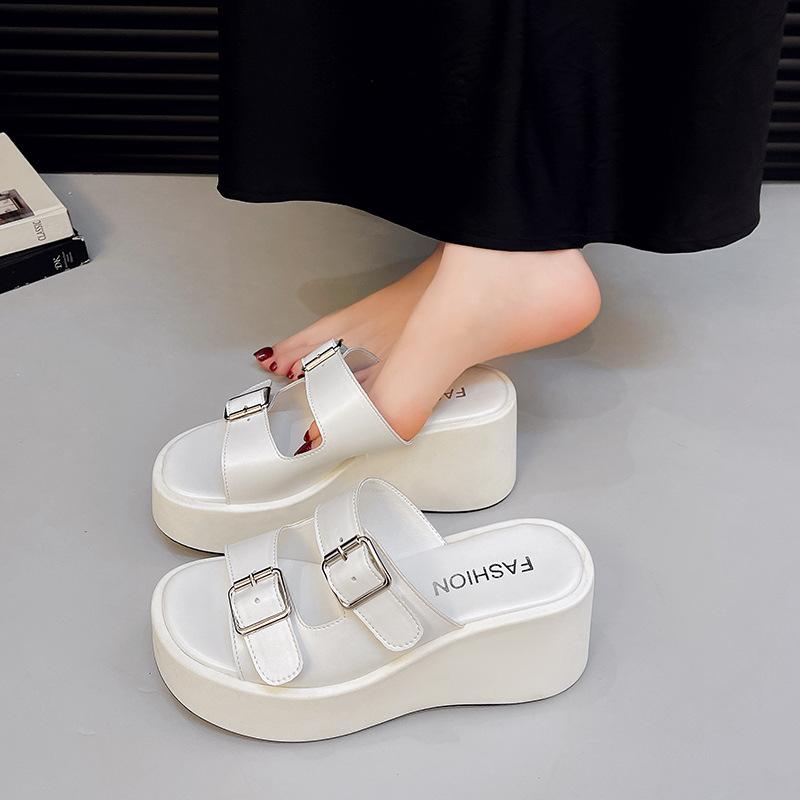 Super high heel slope heel cool slippers spring new fashion belt buckle simple style small person height wear sandals