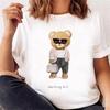 Women Crew Neck Short Sleeve T‑Shirt Working Girl Bear Print White Milk Silk Loose Casual Top M‑5XL Spring 2025