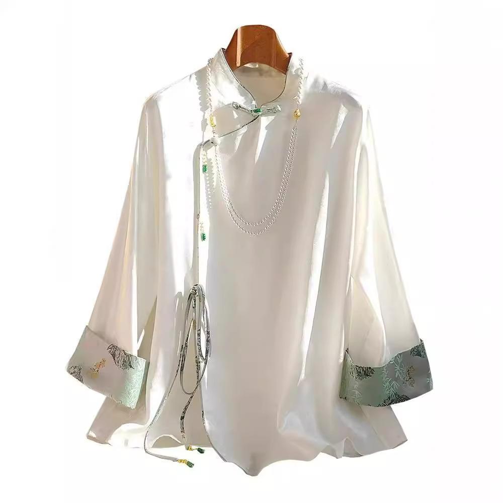 2024 Frühling Damen Guochao Acetat Satinhemd mit Retro Diagonaler Knopfleiste & Froschverschluss