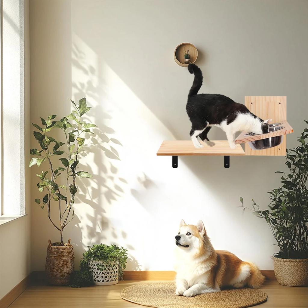 Wall-Mounted Cat House and Bowl Warm, Solid Wood Design with a Floating Structure—Space-Saving and Just for Your Cat