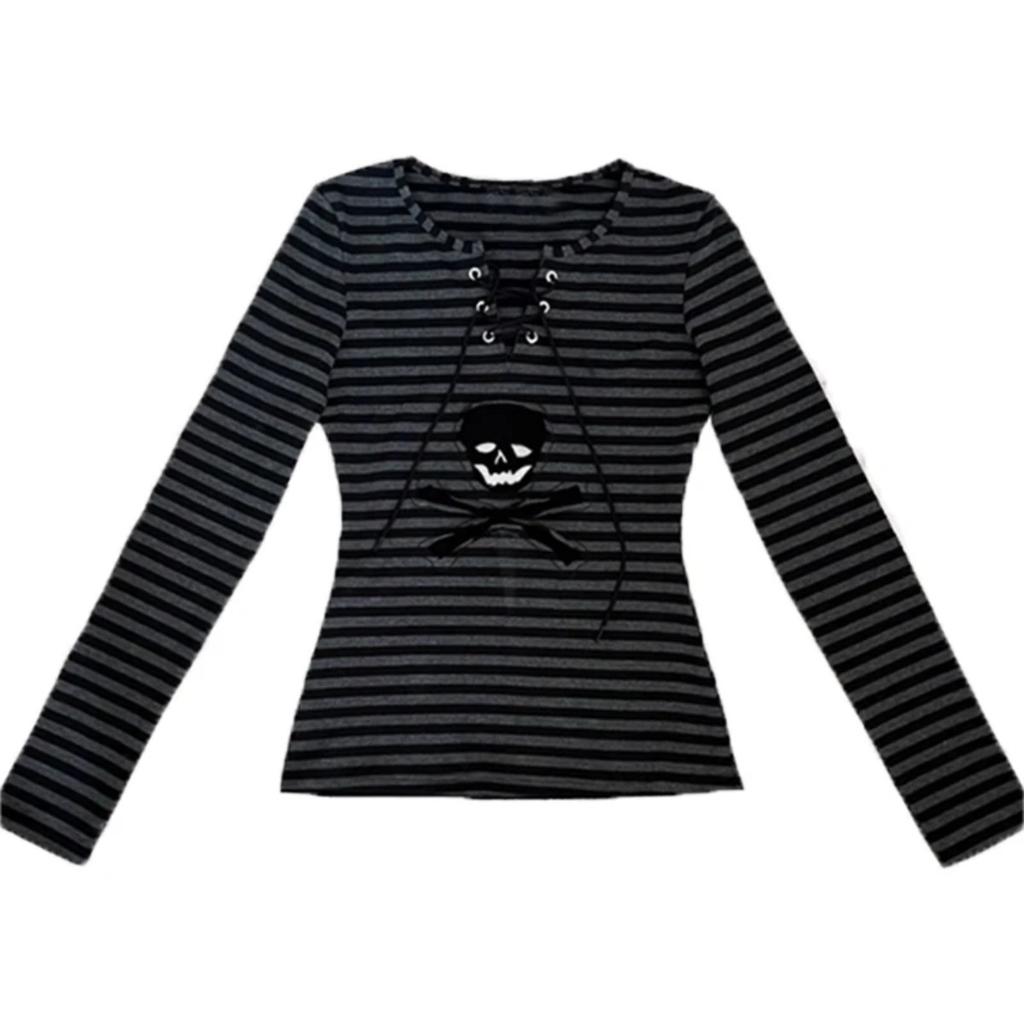 VAYLA Gotické Retro Tričko Dámské Šněrovací Pruhovaná Ležérní Košile Y2k Vintage Potisk Grafická Topy Streetwear Americké Grunge Topy