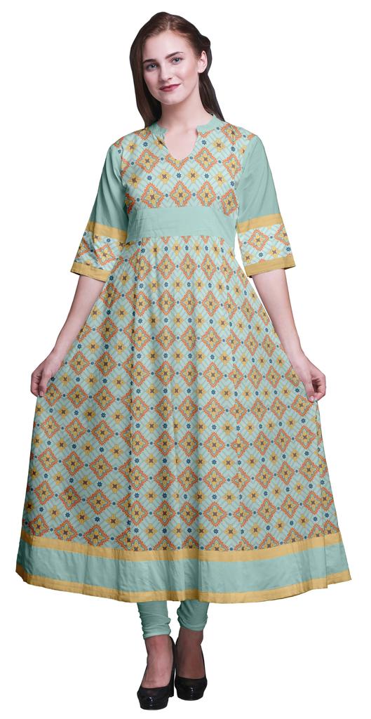 Bimba Gold Leaves & Peony Floral Printed Womens AnarkaliA  KurtiA  Kurta Flared Maxi Blouse