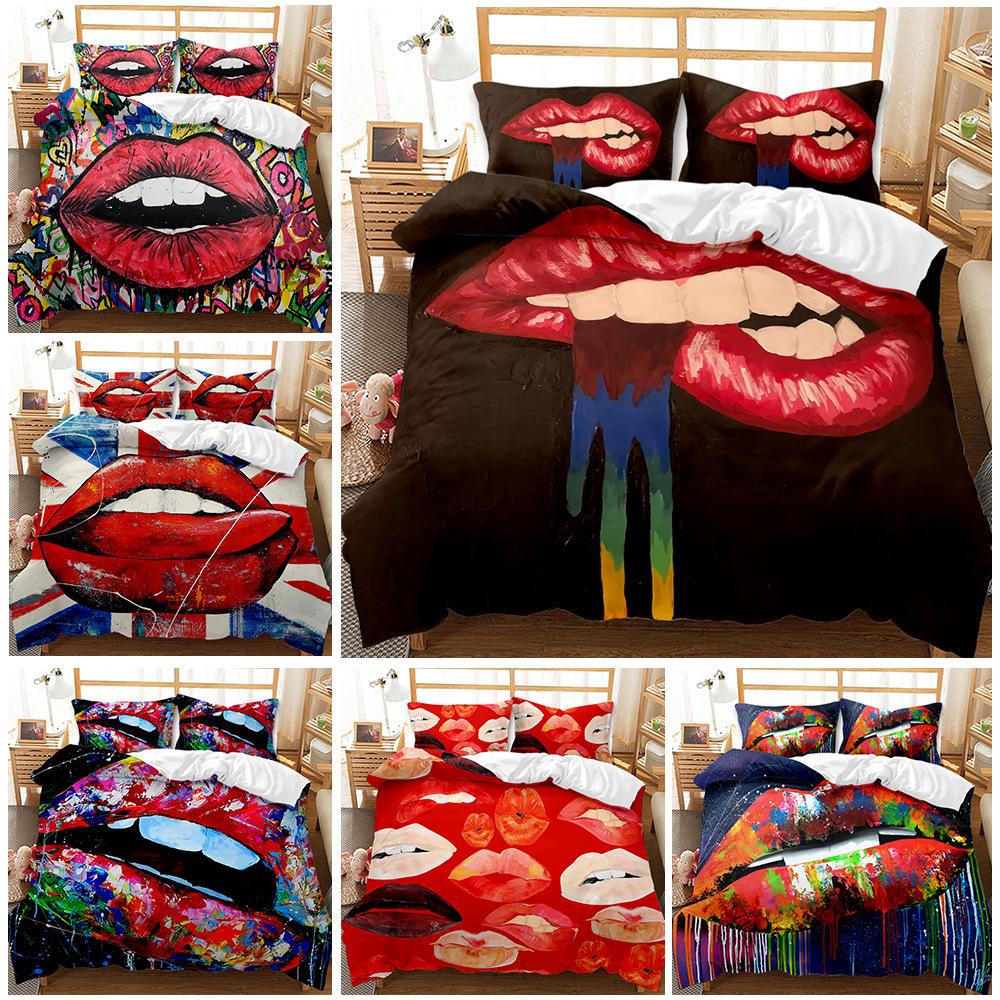 Sexy Lips Three-Piece 3D Digital Printing Ground Red Quilt Cover Bedding Kit