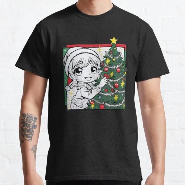 Anime Girl Smiling with Christmas Tree Classic T-Shirt S-3XL XL