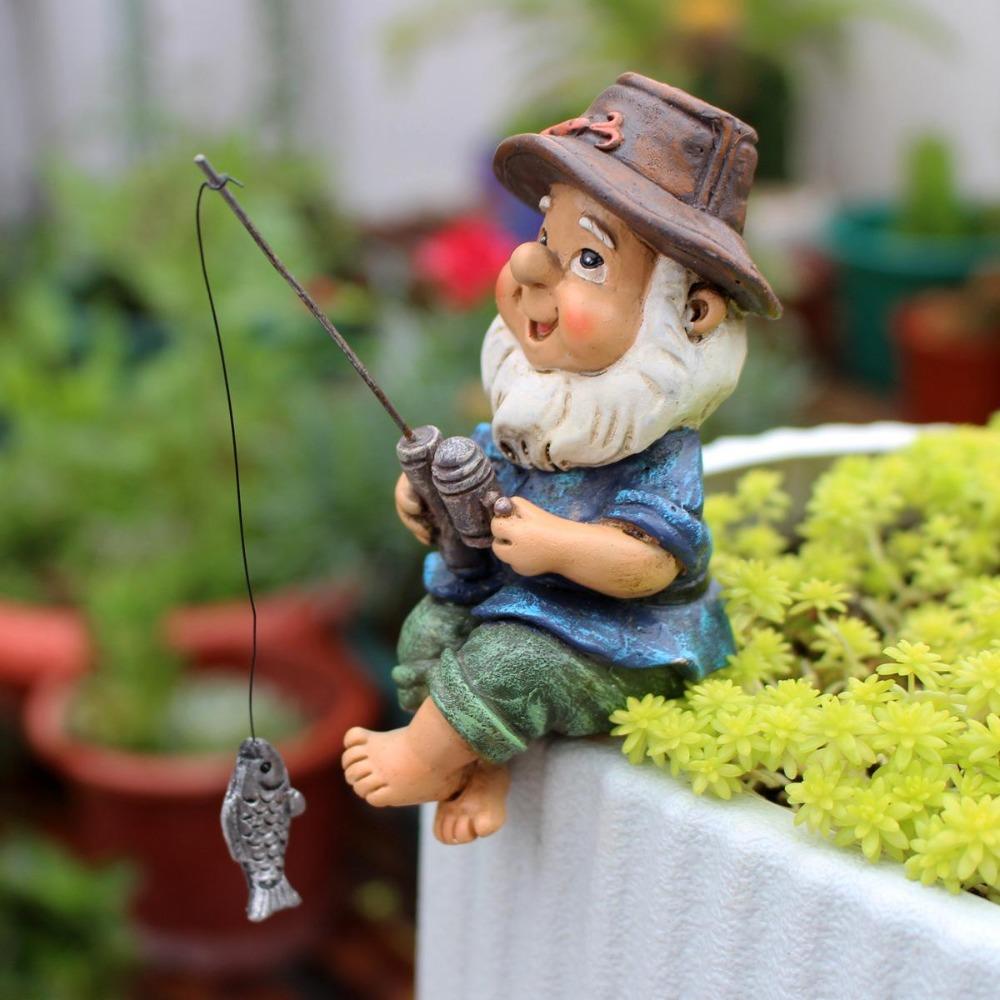 Fischerei-Ornament Gartenstatue Harz Zwergfigur Angelrute Außenhof Teich Dekoration Geschenk für Gartenliebhaber Heimzubehör