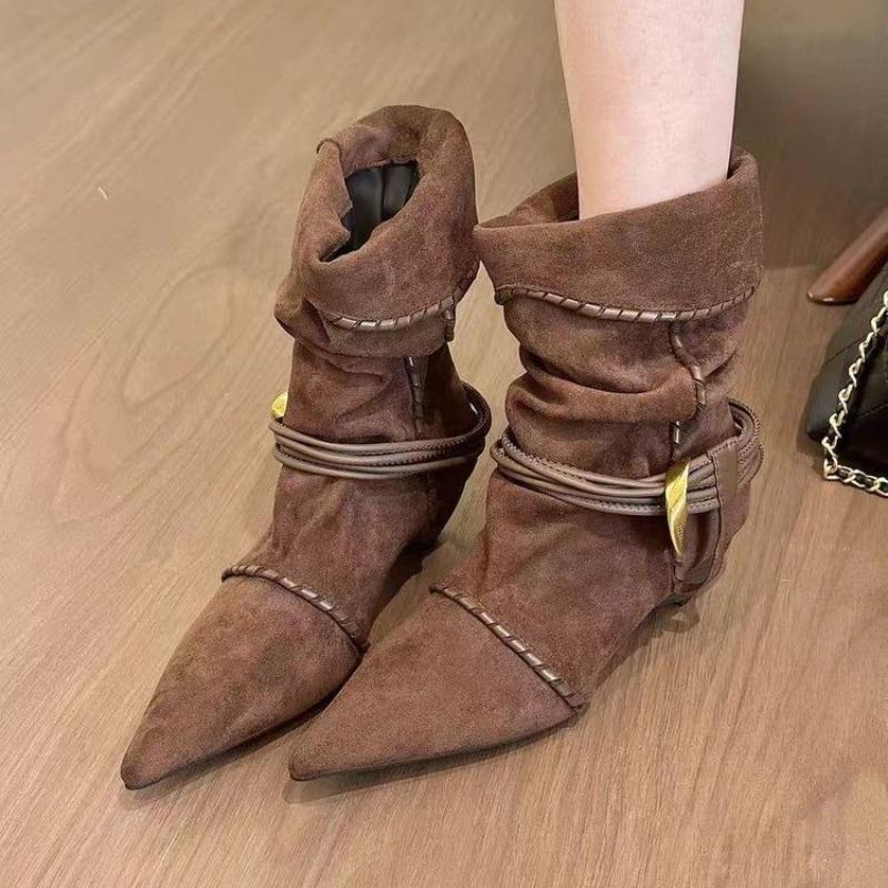 Fashion Design High-end  Retro Pleated Pointed Toe Mid-Calf Women's Boots Suede Short Boots Fashionable Autumn Winter Style Rubber Sole