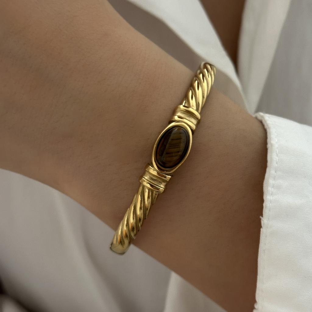 Exaggerated Retro Gold Plated Stainless Steel Bracelet for Women Men Natural Stone Smooth Hollow Bracelet Charms Jewelry Gifts