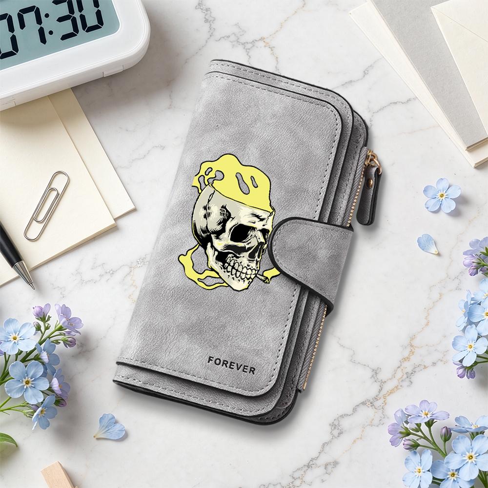 Gothic Skull Print Long Wallet Fashion PU Leather Card Holder Casual Daily Money Purse for Men Women