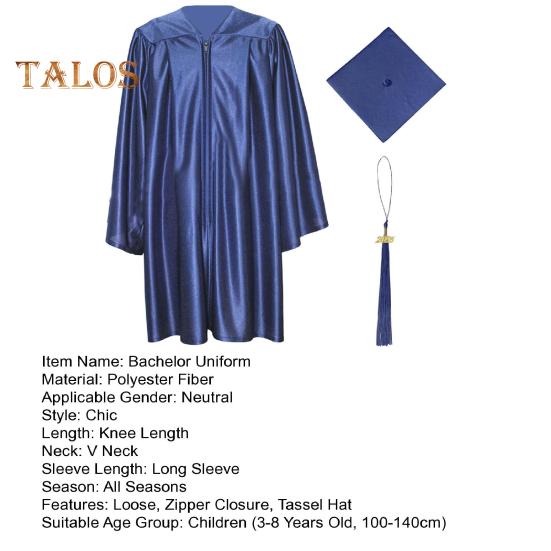 2 Pcs/Set Children Bachelor Uniform with Hat V Neck Knee Length Long Sleeve Zipper Closure Pleated Liberal Arts Student Graduation Robe Graduation