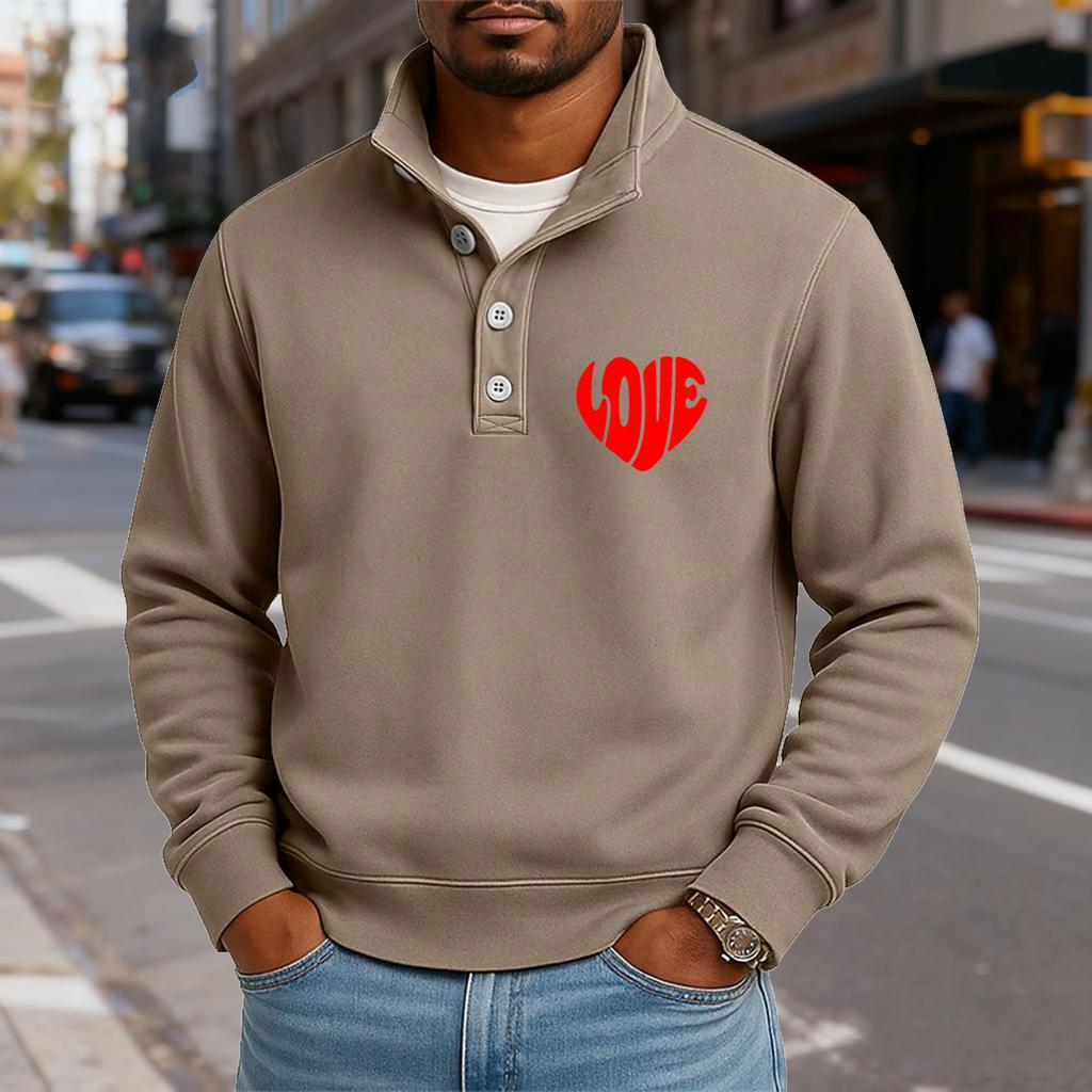 Men's Casual Stand-Up Collar Long-Sleeve Top Print Button-Down Sweatshirt