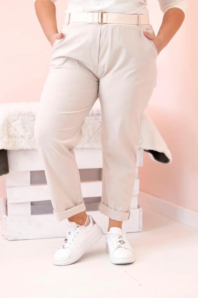 Spodnie Damskie Bawełniane Plus Size Z Paskiem Beżowe 5Xl