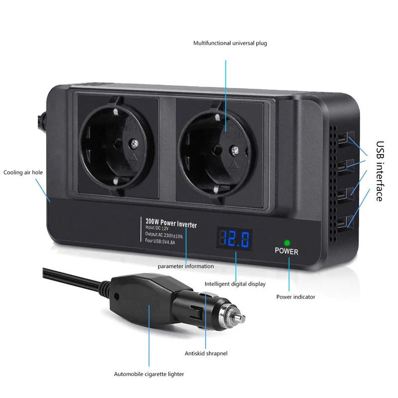 200W Car Plug Converter DC 12V to 220V AC Car Inverter 4 USB Ports Charger Adapter Car Power Inverter EU Plug