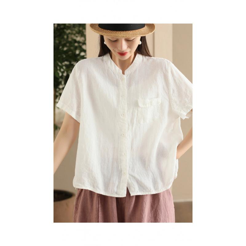1116 linen shirt women's fried color stand-up collar short-sleeved shirt jumper casual top
