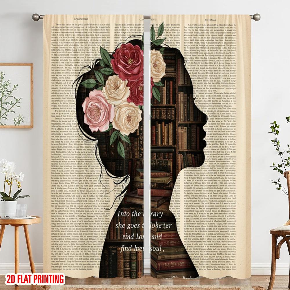 2pcs 2D flat printing Curtain Vintage Book Woman Floral 100% Polyester Fabric Without Electricity Seasonal Party & Holiday Decor