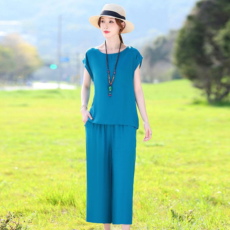 Cotton Silk Two Piece Set Womens Summer Outfit Loose Short Sleeve T-shirt and Pants Casual Trendy Plus Size