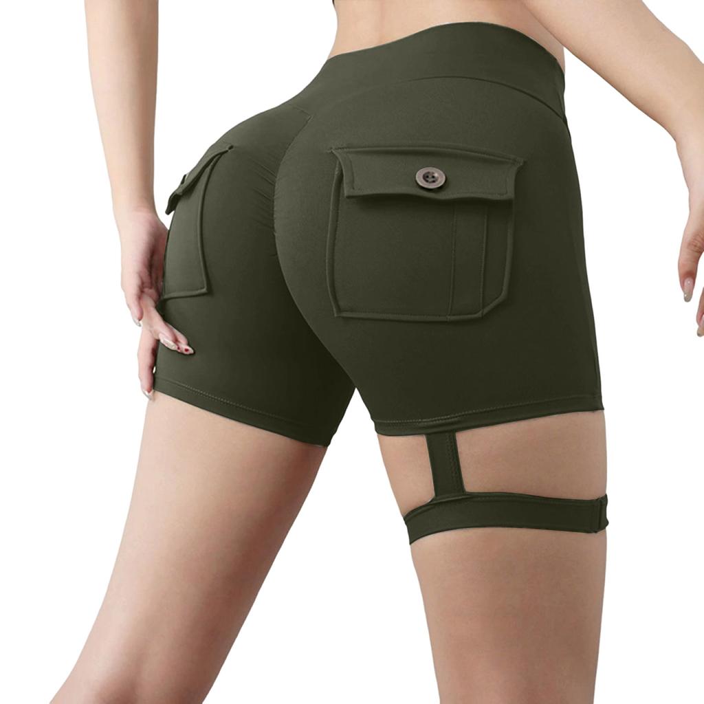 Womens High Waist Stretchy Pocket Shorts with Button Flap and Strap for Casual and Active Wear