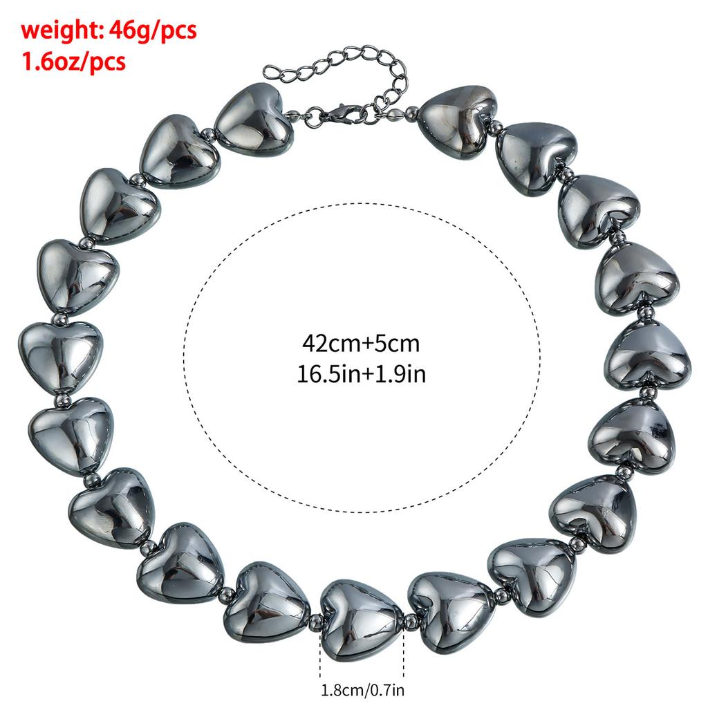 Gunmetal Black Beaded Heart Pendant Necklace Adjustable Length Neckchain Fashionable Clavicle Chain Jewelry for Women
