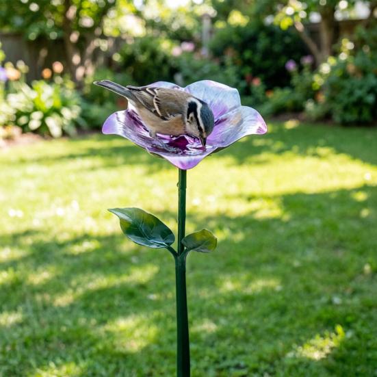 Metal Flower Garden Stake Bird Bath for Outside Freestanding Bath Bowl with Stake Hummingbird Feeder Station for Yard Lawn Garden Decor