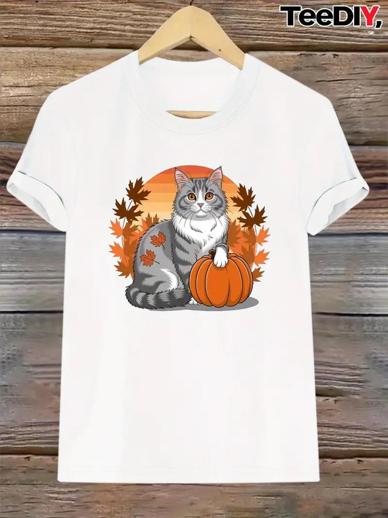 Polyester 100% European and American Pumpkin Printed Round-neck Short-sleeved Women's Top Fashionable Base Layer Aesthetic  Summer