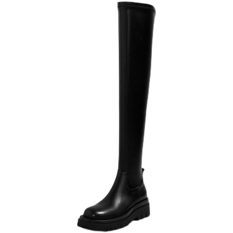 Women's Over-the-knee Boots Leather Platform Chunky Sole Round Toe Slip-On Sexy Thigh High Shoes for Women Street Style Footwear