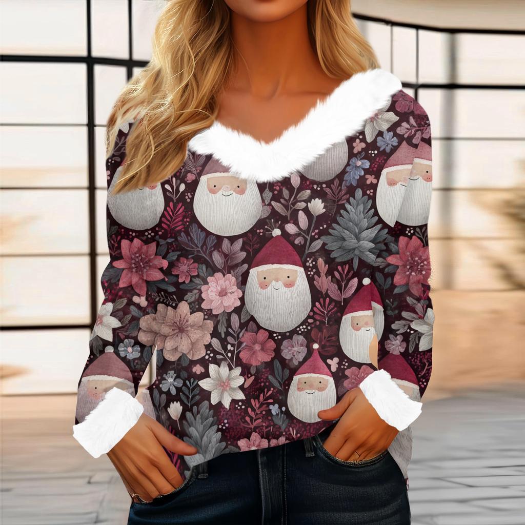 Women's Casual Fashion Long Sleeve Christmas Printed Flannel Collar Top