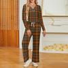 Women's V-Neck Long Sleeve Printed Pajama Set with Pockets - Loose Fit Casual Sleepwear for
