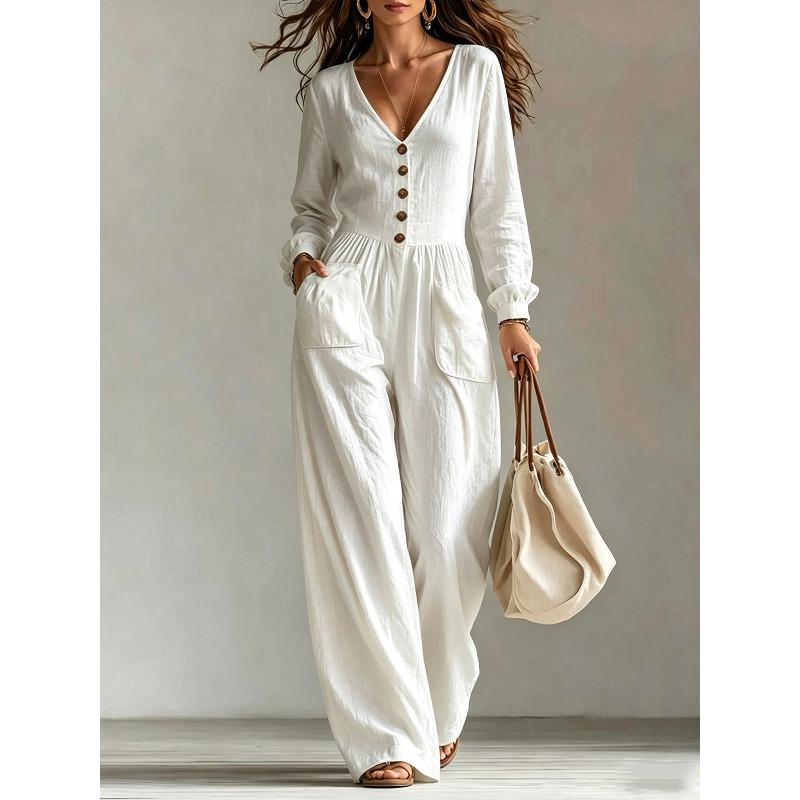 QICED Women's Long Sleeve V-Neck Jumpsuit Fashion Casual Autumn Winter Suspenders trousers Jumpsuits & Rompers