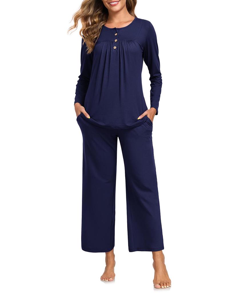 Women's Long Sleeve Pajama Set: 2-Piece with Pockets, Casual Homewear - Long Pants