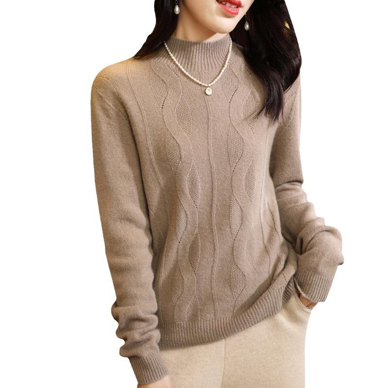 Half-high Neck Hollow Large Wavy Cardigan for Women In Autumn and Winter Loose and Versatile Knitted Base Shirt Skin-friendly Long-sleeved Sweater