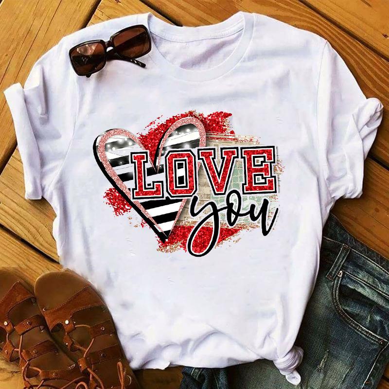 Summer 2025 Fashion Leopard Flower Sweet Love You Lady Ladies Womens Tee T-Shirt Graphic Female Valentine's Day Top T Shirt Gift