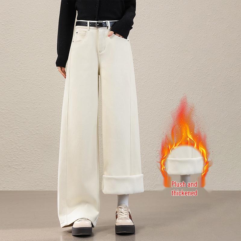 Women s Retro Blue Fleece-Lined High-Waisted Wide-Leg Jeans - Winter 2025 Collection 4XL