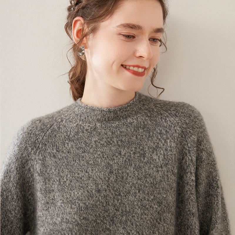 Women's Thickened Cashmere Sweater: Half-High Collar, Raglan Sleeve, Marled Yarn, Rolled Hem, Warm Long Sleeve Base Layer.