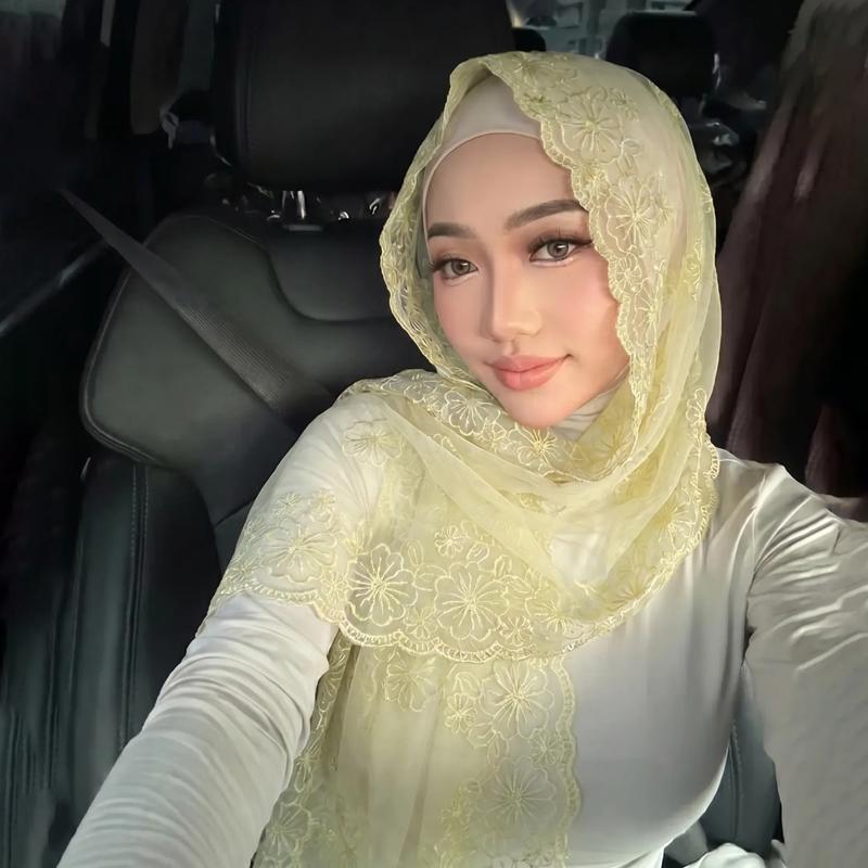Lace Embroidery Muslim Hijab Women Chiffon Scarf Sheer Floral Headscarf Islamic Head Wrap Bandana Daily Prayer Head Accessory