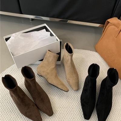 French Retro Simple Rear Zipper Low Heel Short Boots Women's Spring and Autumn Suede Temperament Versatile Pointed Thin Short Boots