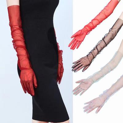 Damen Lange Transparente Handschuhe Retro Dehnbar Geraffte Netz Tüll Handschuhe 1920er Tanzhandschuhe für Kostüm Opernparty Hochzeit