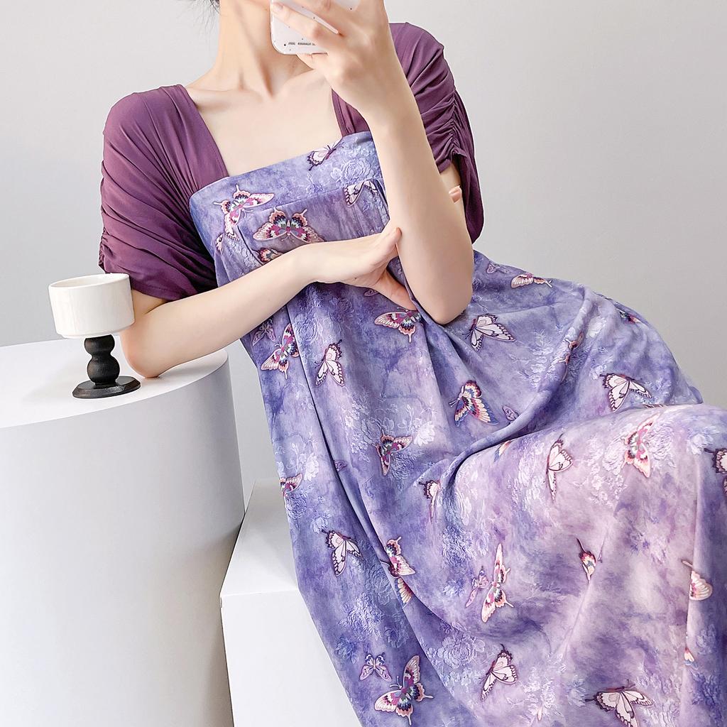Short-sleeved cotton silk nightgown women's summer square collar improved Hanfu national style cotton silk skirt loungewear can be worn outside