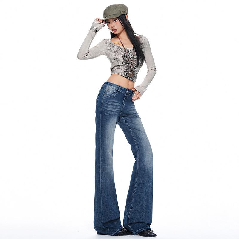 American Spice Girl micro-pull jeans women's autumn new low-rise straight loose and thin versatile bell pants