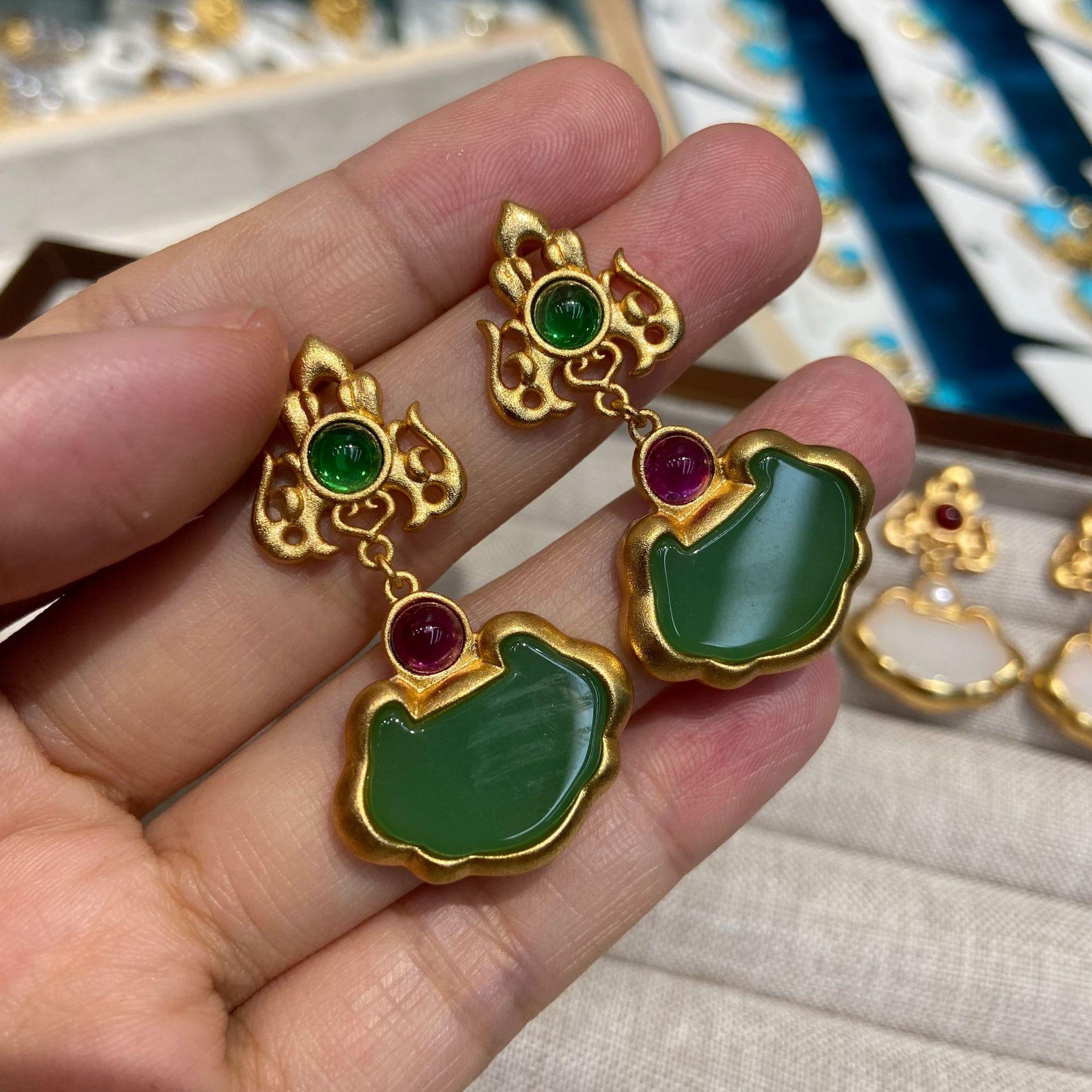Wran Antique Safety Lock Diy Jade Ruyi Lock Gold-Plated Earrings Niche Light Luxury High-End Versatile Earrings
