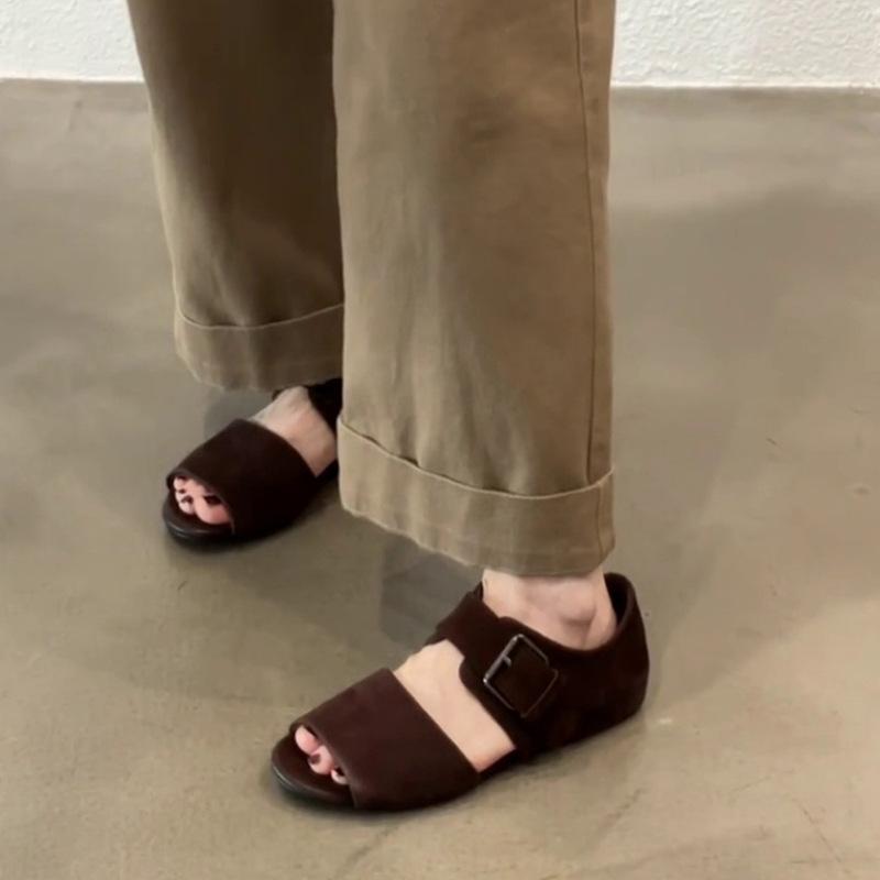 Version peau de mouton~ Sandales d'été pour femmes à bout ouvert rétro français à un bouton, sens du design polyvalent, vacances, sandales romaines
