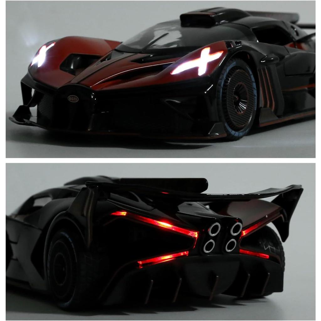 Auto giocattolo in lega Bugatti Bolide in scala 1/24, suono e luce, collezione Pull Back, 4 porte aperte, veicoli giocattolo per bambini, regalo