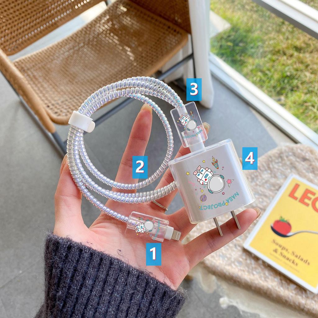 Apple Data Cable Protection Kit: 20W Charging Head, Transparent Cartoon Design, 4-Piece Set