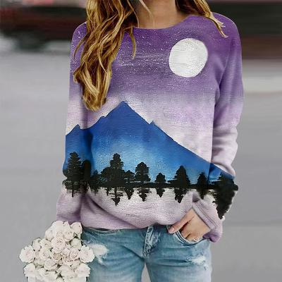 Hauts pour femmes Paysage Paysage Imprimé Col rond Manches longues T-shirt Automne Décontracté Slim Pull Haut à manches longues pour femmes