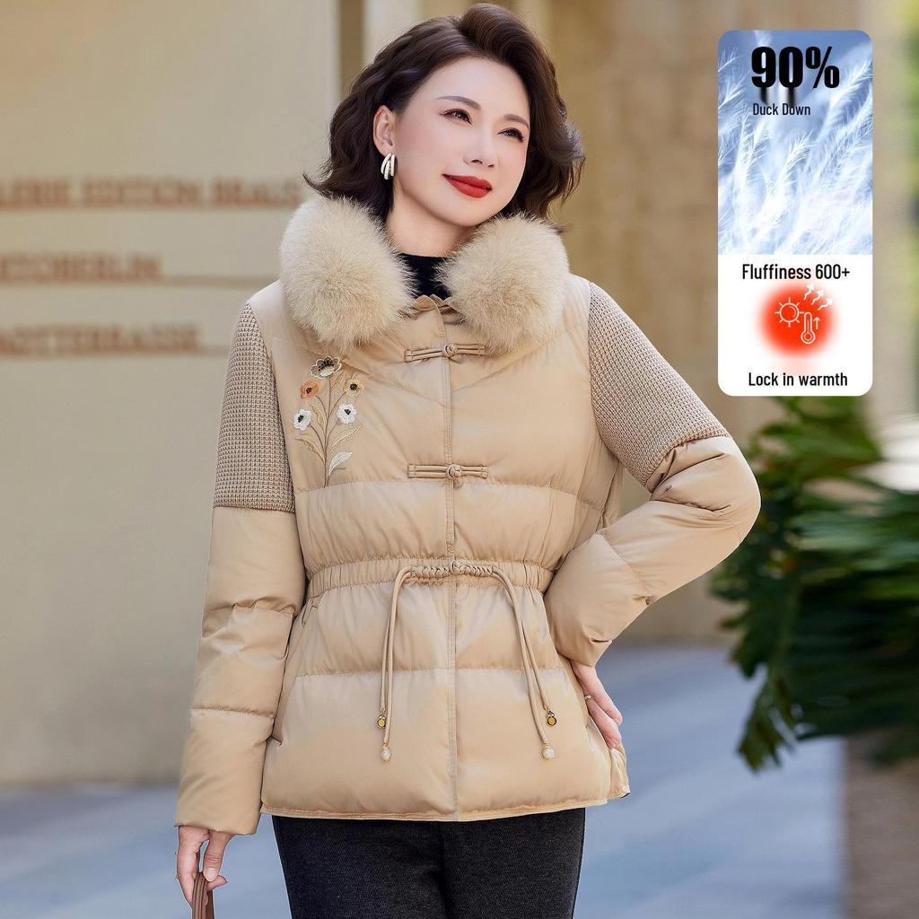 Mom's Winter Fashionable Embroidered Down Jacket with Wool Collar for Middle-Aged and Elderly Women