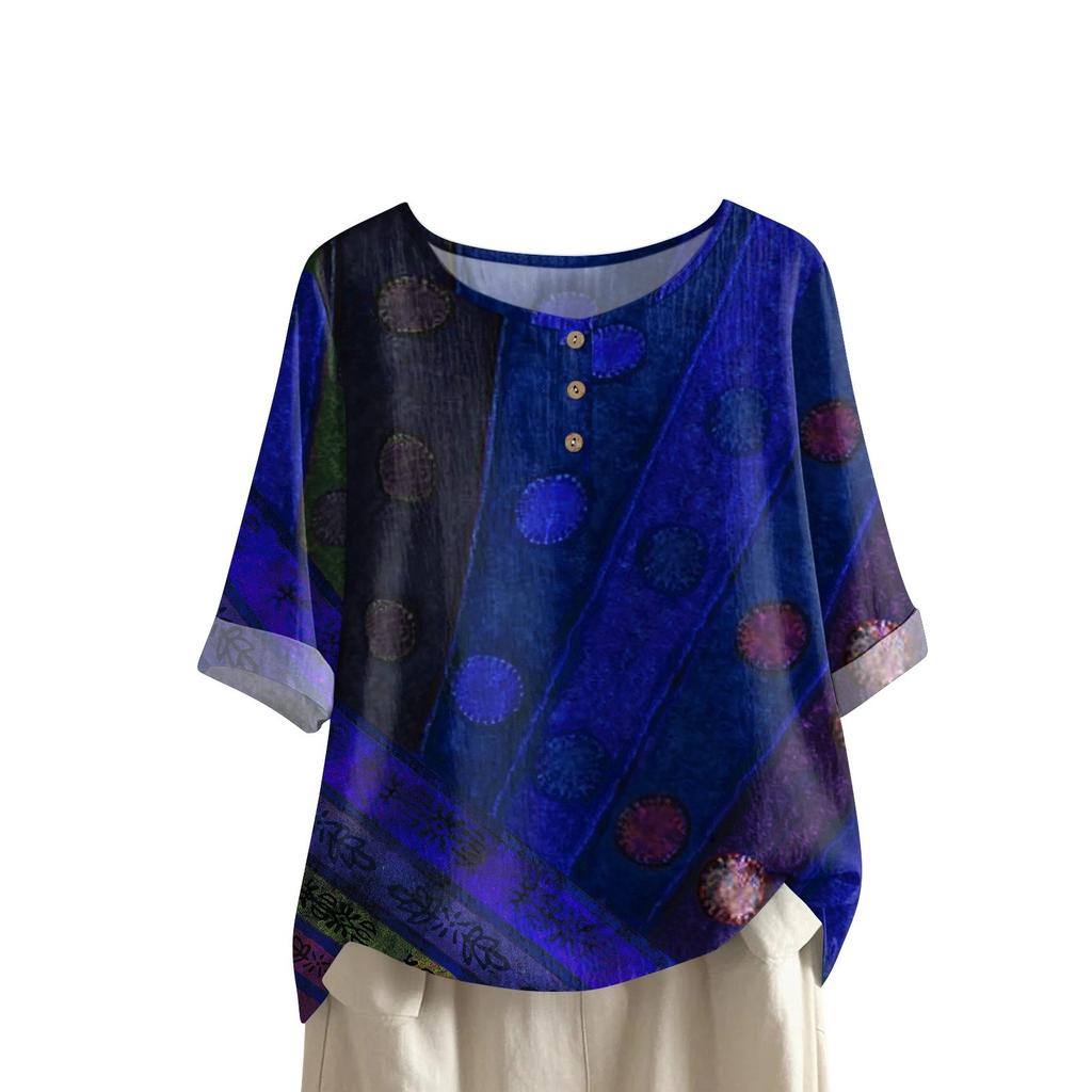 Camicia alla moda e casual da donna a maniche corte con scollo rotondo e stampa, blusa top in cotone e lino