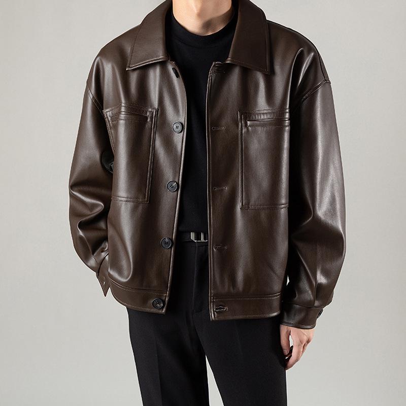 Men's Retro PU Leather Motorcycle Jacket - Korean Style Lapel, Casual Loose Fit for Spring and Autumn