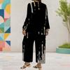Women Plus Size Black Gold Silver Printed Round Neck Long Sleeve Top Wide Leg Pants Two Piece Set