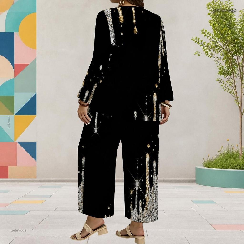 Women Plus Size Black Gold Silver Printed Round Neck Long Sleeve Top Wide Leg Pants Two Piece Set