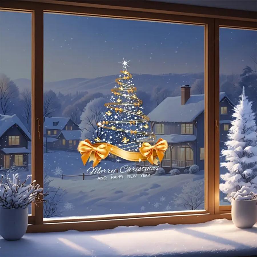 1pc Golden Christmas Tree Stickers Reusable Decals Xmas Window Clings Holiday Decor for Home Party New Year Decorations