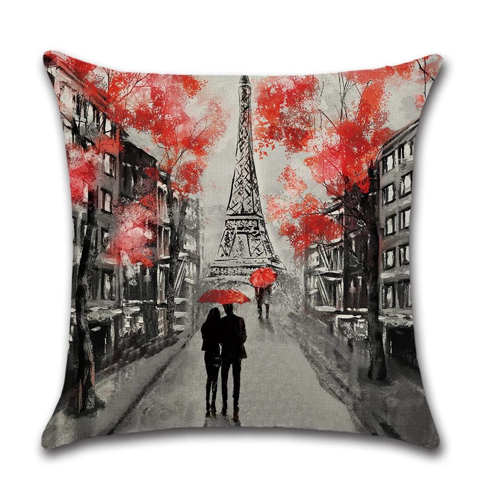 Cushion Cover 45X45Cm Throw Pillow Covers Black & Red Paris Eiffel Tower Couple Red City Landscape Decorative Pillow Cases